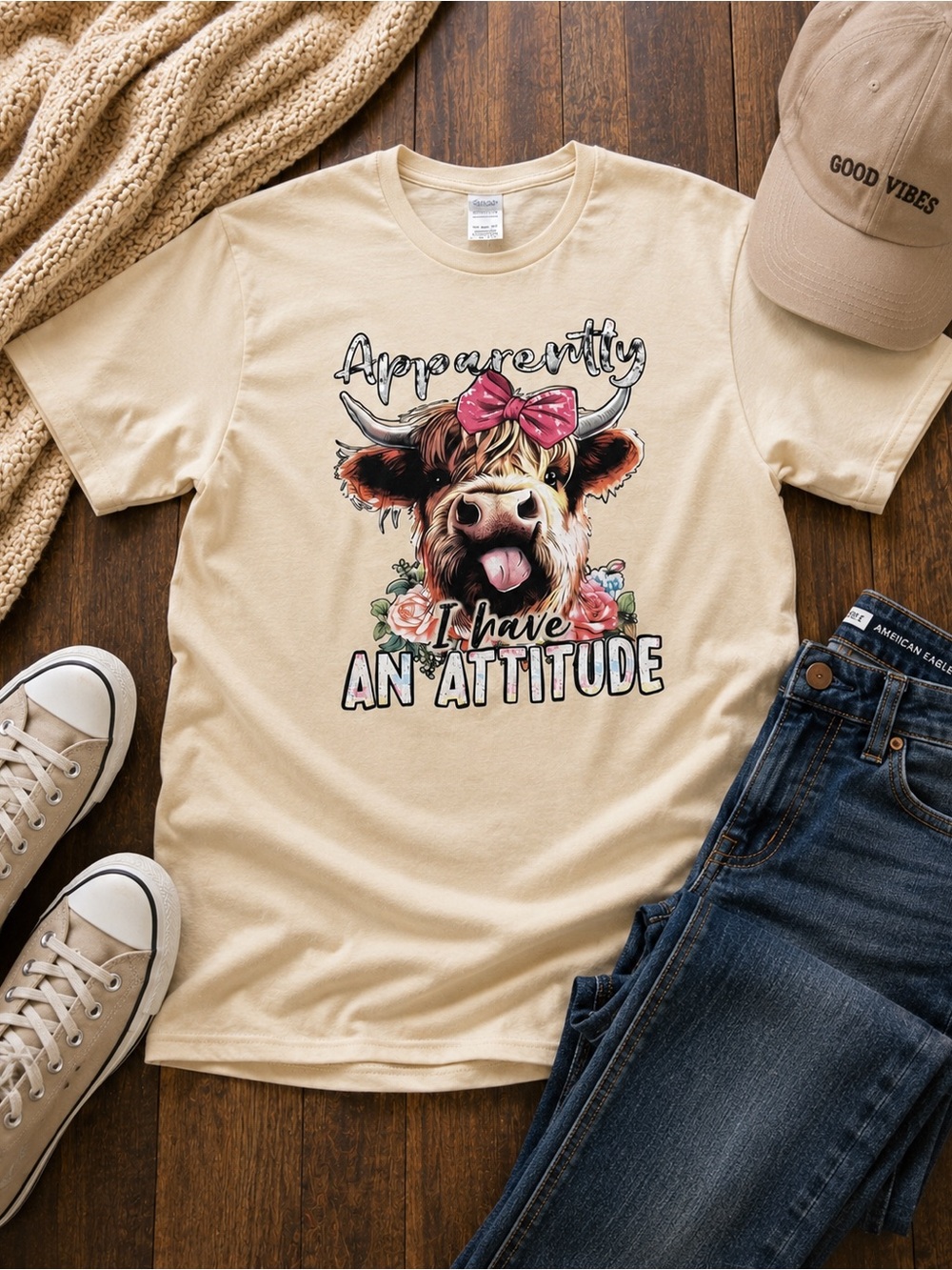 Delta Pro Weight Highland Cow Graphic Tee “Apparently I Have an Attitude” Cream